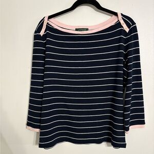 Ralph Lauren Women's Navy Striped Blouse with Pink Accents Size Large